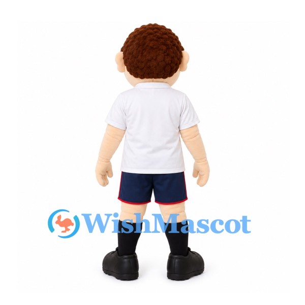 Boy Mascot Costume with Brown Hair and White Shirt with Navy Shorts
