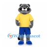 Raccoon Mascot Costume in Gray with Yellow Shirt and Blue Shorts