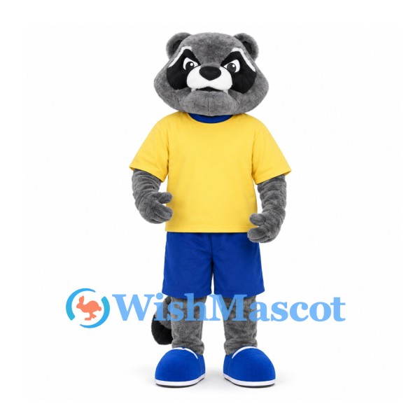 Raccoon Mascot Costume in Gray with Yellow Shirt and Blue Shorts