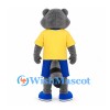 Raccoon Mascot Costume in Gray with Yellow Shirt and Blue Shorts