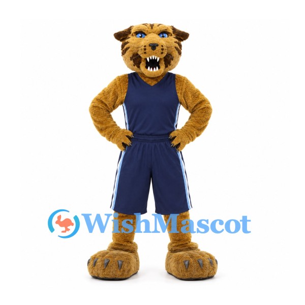 Wildcat Mascot Costume in Tan with Navy Basketball Uniform