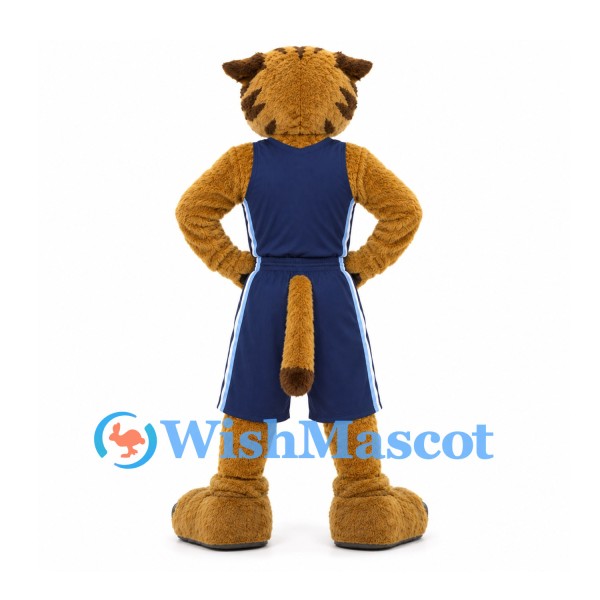 Wildcat Mascot Costume in Tan with Navy Basketball Uniform