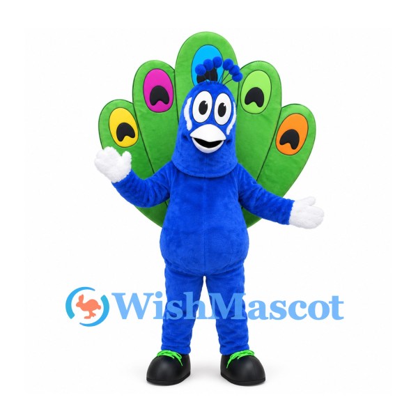 Peacock Mascot Costume in Blue with Large Green Fan Tail
