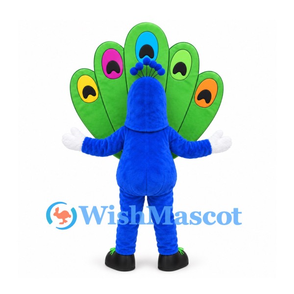 Peacock Mascot Costume in Blue with Large Green Fan Tail