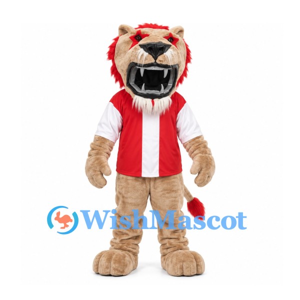 Lion Mascot Costume with Red Mane and Red Striped Shirt