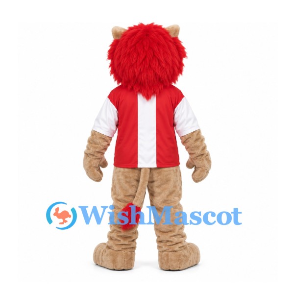 Lion Mascot Costume with Red Mane and Red Striped Shirt
