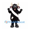 Black Bull Mascot Costume with White Sash and Long Cream Horns
