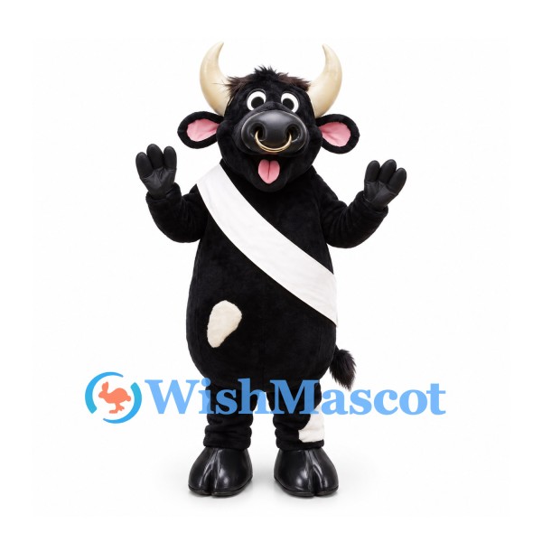 Black Bull Mascot Costume with White Sash and Long Cream Horns