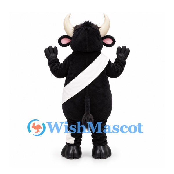 Black Bull Mascot Costume with White Sash and Long Cream Horns