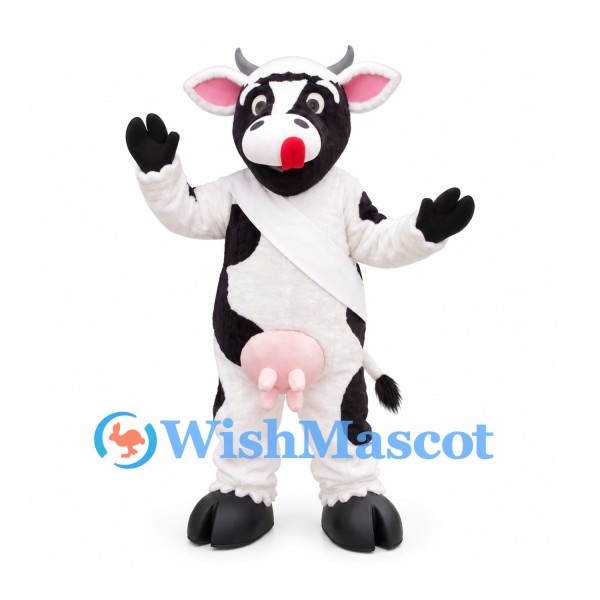 Cow Mascot Costume in Black and White with White Sash and Pink Udder
