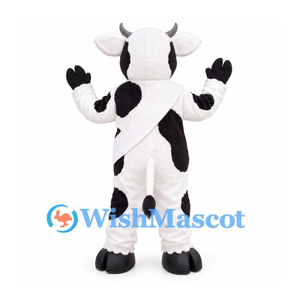 Cow Mascot Costume in Black and White with White Sash and Pink Udder