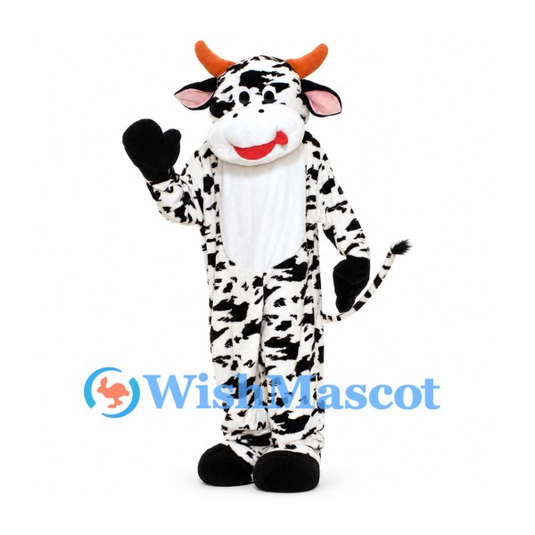 Cow Mascot Costume with Black Speckled Coat and Orange Horns