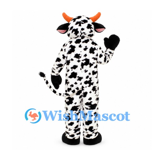 Cow Mascot Costume with Black Speckled Coat and Orange Horns