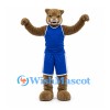 Cougar Mascot Costume in Brown with Blue Basketball Uniform