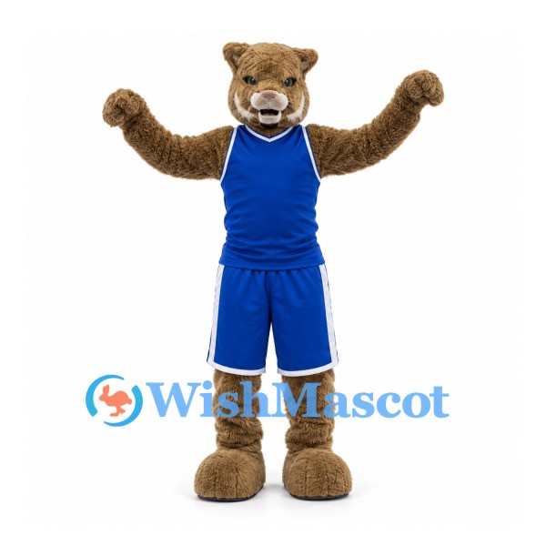 Cougar Mascot Costume in Brown with Blue Basketball Uniform