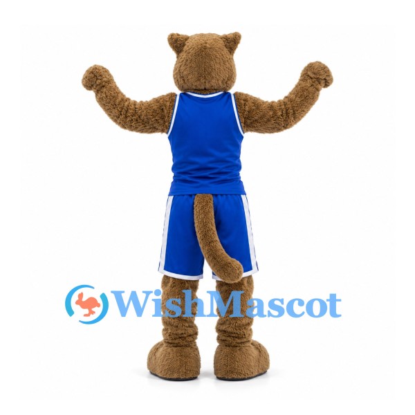 Cougar Mascot Costume in Brown with Blue Basketball Uniform