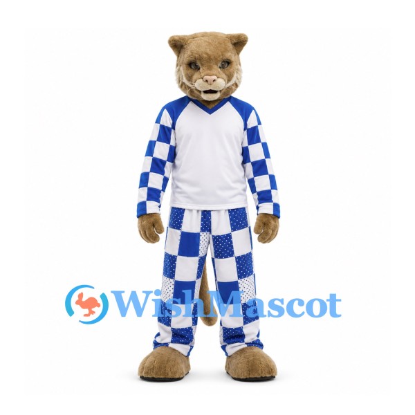 Cougar Mascot Costume with Blue and White Checkered Outfit
