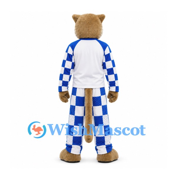 Cougar Mascot Costume with Blue and White Checkered Outfit