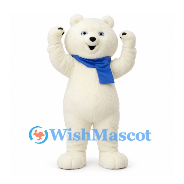 Polar Bear Mascot Costume in Cream with Blue Scarf and Round Belly