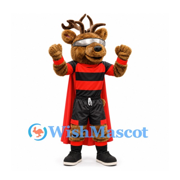 Deer Mascot Costume with Red Cape and Black Striped Sports Uniform