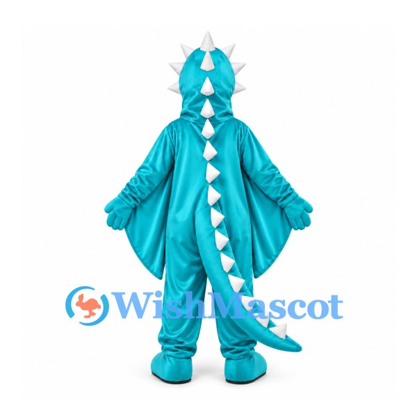 Dragon Mascot Costume in Turquoise with White Spikes and Wing Cape