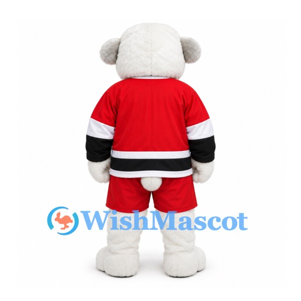 Polar Bear Mascot Costume with Red Hockey Shirt and Shorts