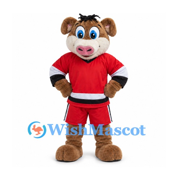Bull Mascot Costume in Brown with Red Hockey Shirt and Shorts