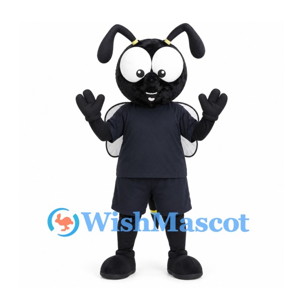 Wasp Mascot Costume in Black with Gray Wings and Black Sports Uniform