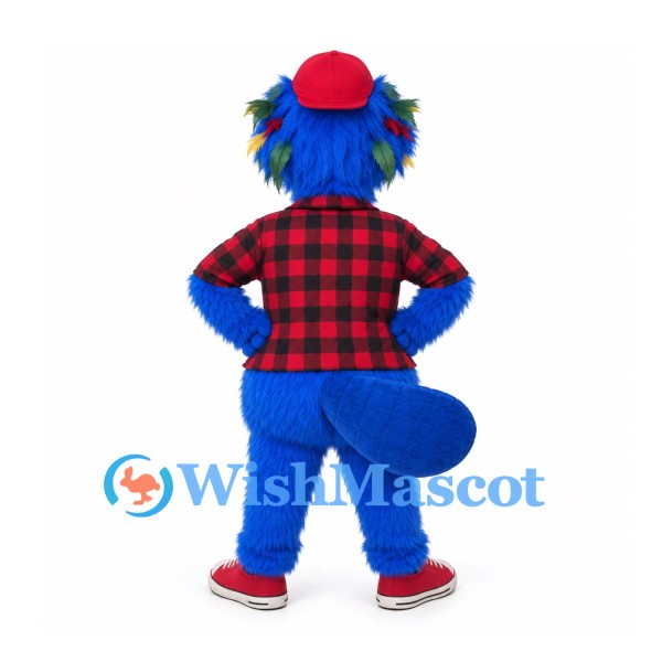 Beaver Mascot Costume in Blue with Red Cap and Plaid Shirt