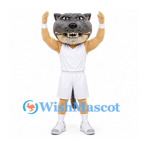 Wolf Mascot Costume with Gray Head and White Basketball Uniform