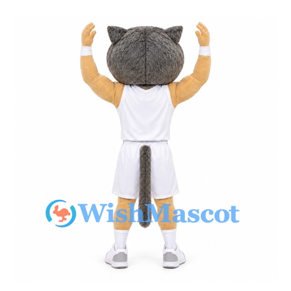 Wolf Mascot Costume with Gray Head and White Basketball Uniform