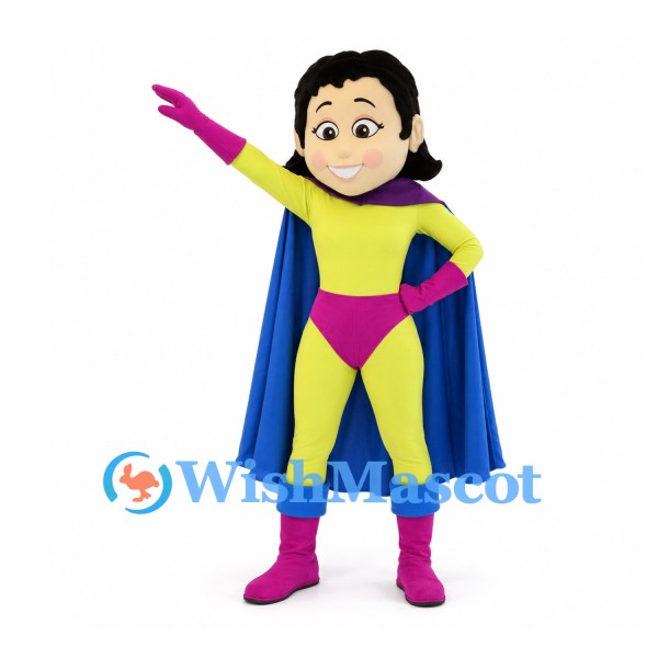 Superhero Girl Mascot Costume with Yellow Suit and Blue Cape