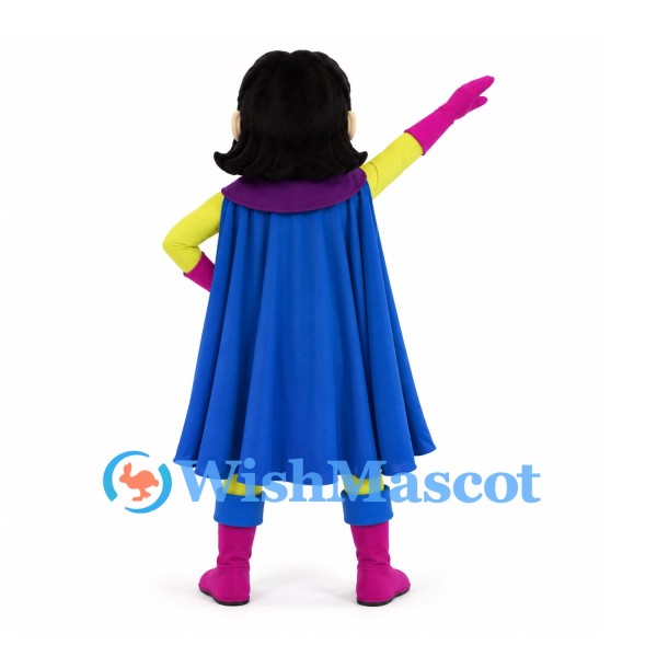 Superhero Girl Mascot Costume with Yellow Suit and Blue Cape