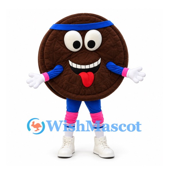 Chocolate Cookie Mascot Costume with Blue Headband and Pink Wristbands