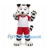 White Tiger Mascot Costume with Black Stripes and Red Sports Shorts