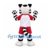 White Tiger Mascot Costume with Black Stripes and Red Sports Shorts