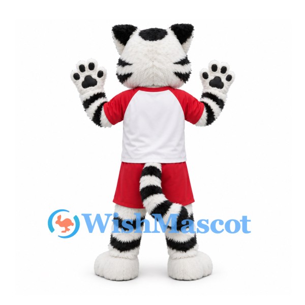 White Tiger Mascot Costume with Black Stripes and Red Sports Shorts