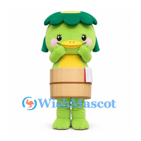 Kappa Mascot Costume in Green with Leaf Head and Wooden Bucket