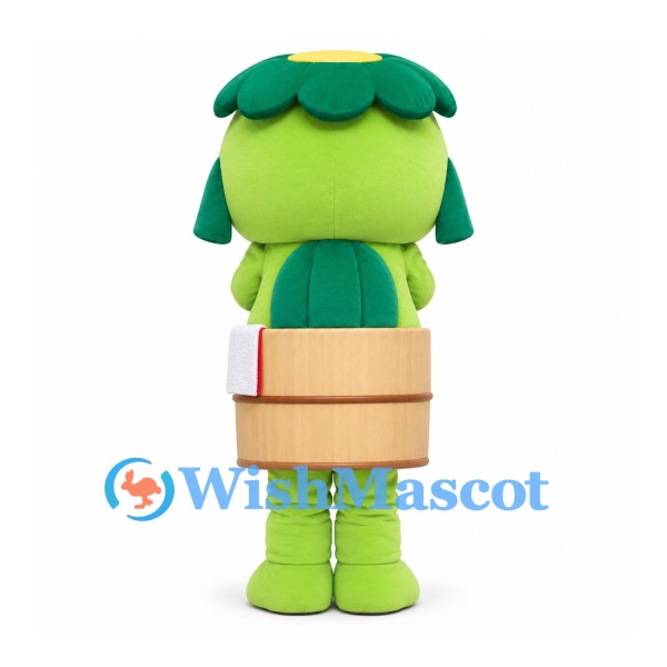 Kappa Mascot Costume in Green with Leaf Head and Wooden Bucket