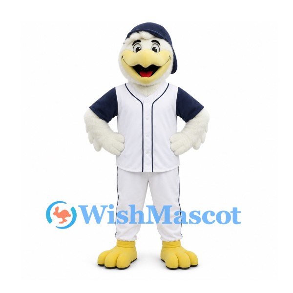 Eagle Mascot Costume with Navy Cap and White Baseball Uniform