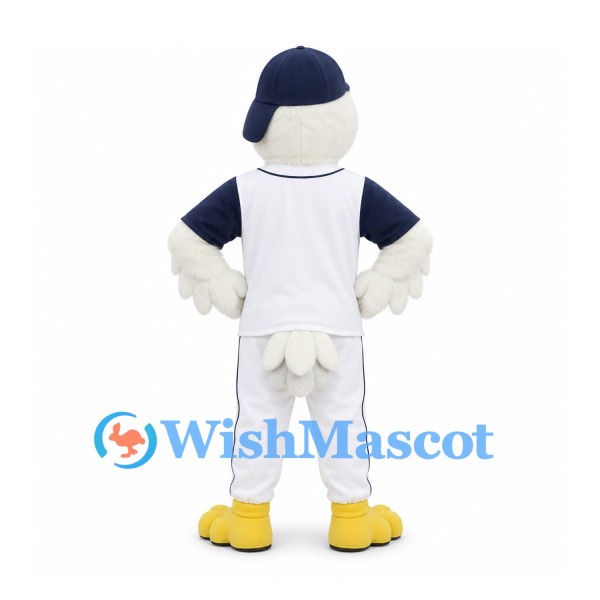 Eagle Mascot Costume with Navy Cap and White Baseball Uniform
