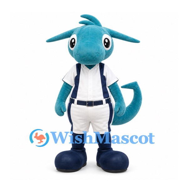 Dragon Mascot Costume in Teal with White Sports Uniform and Curled Tail
