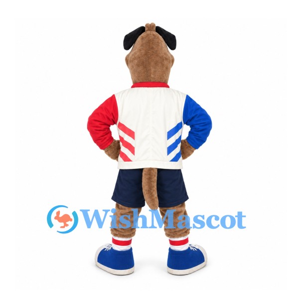 Dog Mascot Costume with Red White and Blue Jacket and Navy Shorts