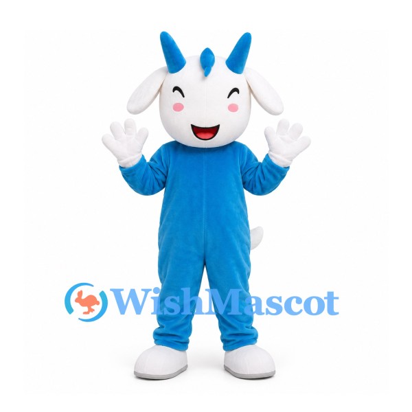 Goat Mascot Costume in Blue with White Head and Blue Horns