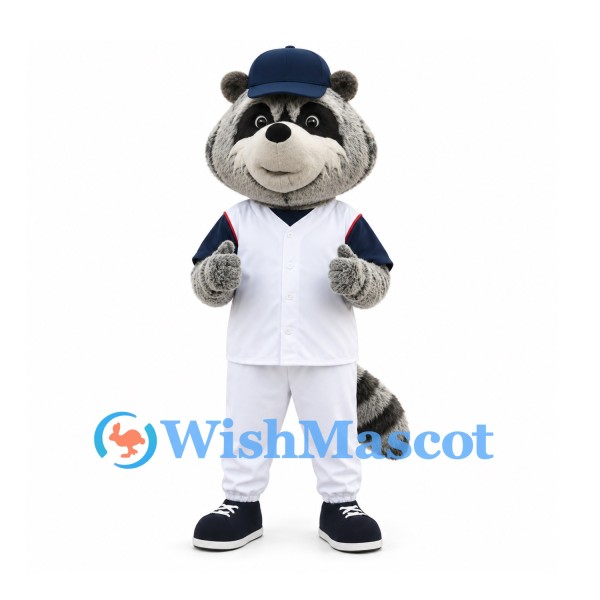 Raccoon Mascot Costume with Navy Cap and White Baseball Uniform
