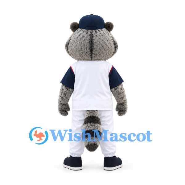 Raccoon Mascot Costume with Navy Cap and White Baseball Uniform