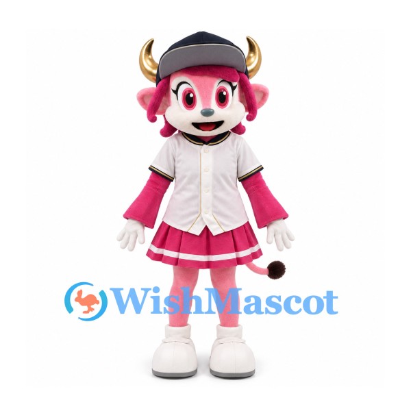 Cow Mascot Costume in Pink with Navy Cap and White Cheerleader Outfit
