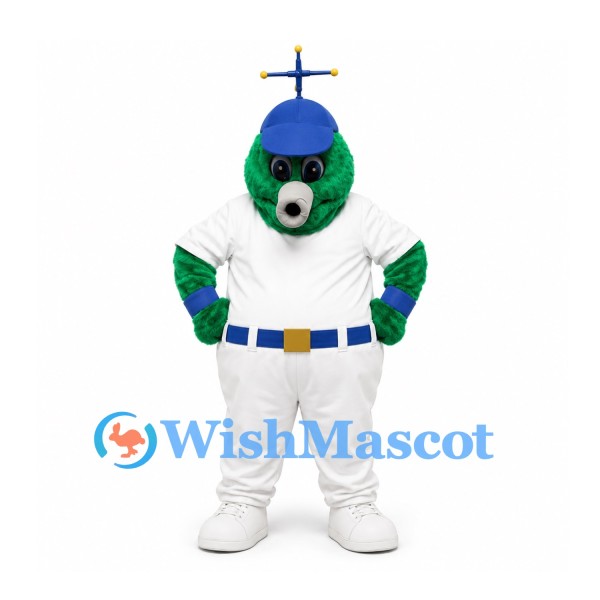Bear Mascot Costume in Green with Blue Cap and White Baseball Uniform
