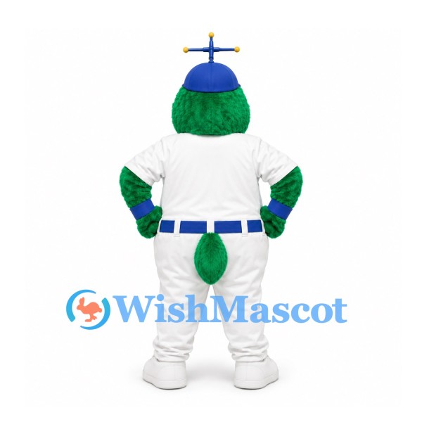 Bear Mascot Costume in Green with Blue Cap and White Baseball Uniform