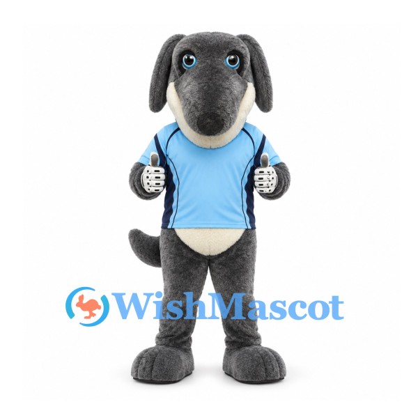 Dog Mascot Costume in Gray with Light Blue Shirt and Long Ears